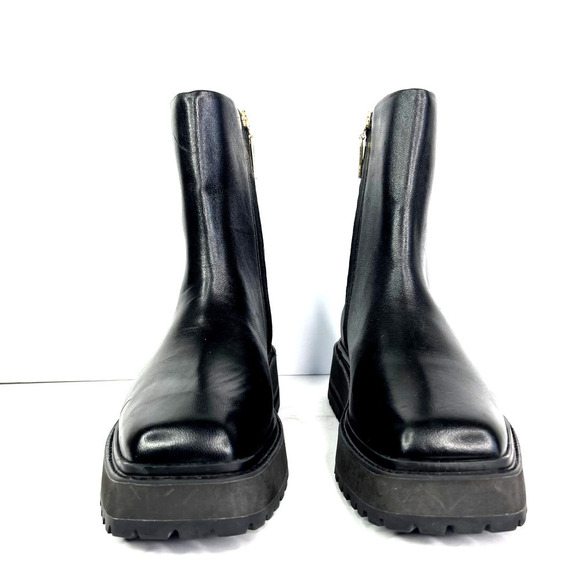 Larroude Hailey Faux Fur Lined Platform Bootie Ankle Boot Black Leather Square - Picture 2 of 10